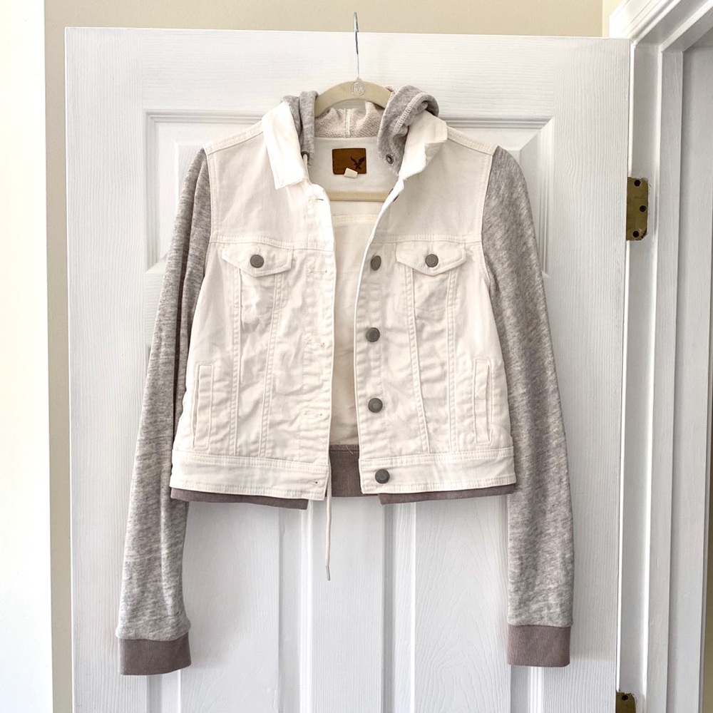AE White Jean Jacket w/ Gray Sleeves & Hood
